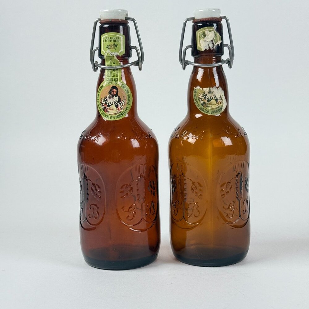 Grolsch 2 Amber Glass Swing Top Bottles Embossed Logo Bar Collectibles Bottles